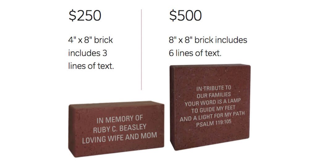 Two examples of commemorative bricks for Legacy Lane at Hoffmann Hospice. On the left, a 4"x8" brick priced at $250 includes 3 lines of text, reading 'In memory of Ruby C. Beasley, Loving wife and mom.' On the right, an 8"x8" brick priced at $500 includes 6 lines of text, reading 'In-tribute to our families, Your word is a lamp to guide my feet and a light for my path. Psalm 119:105.